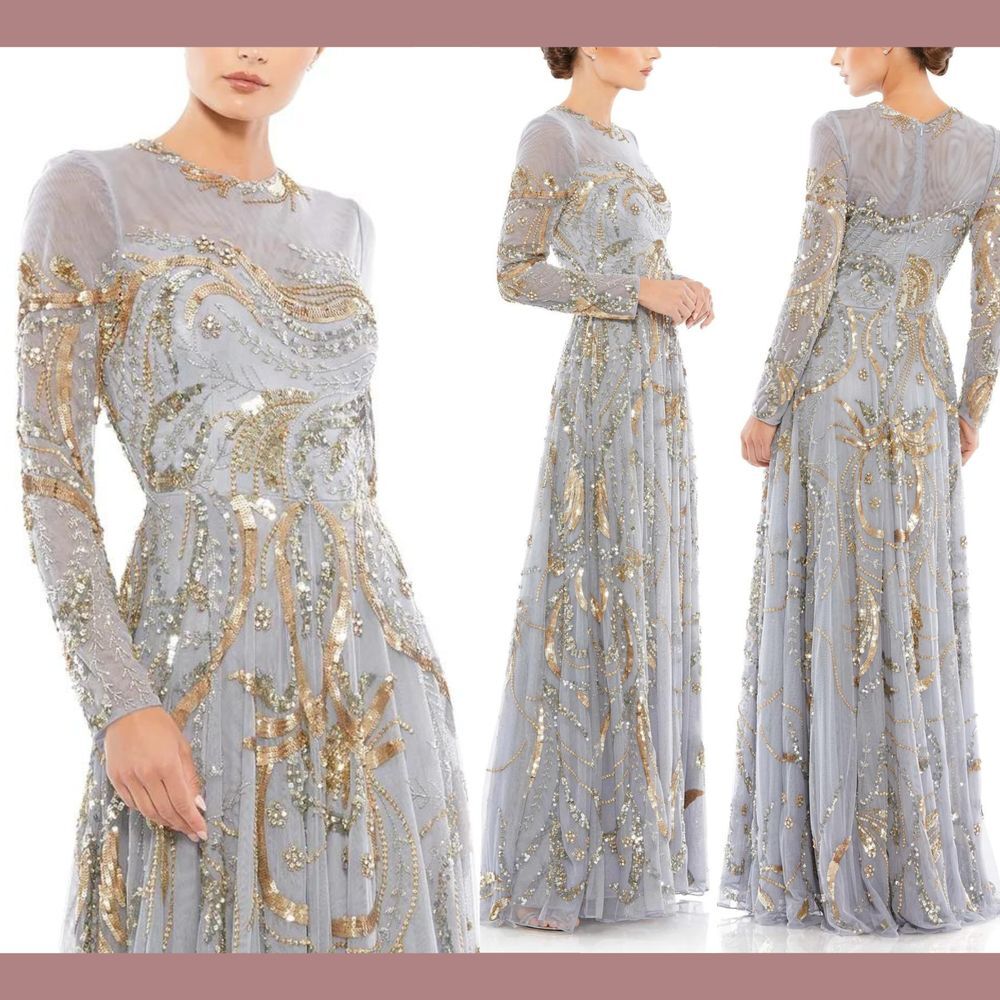 NWT Mac Duggal [ 16 ] 5217 Long Sleeve‎ Embellished Illusion Gown Platinum #J323
